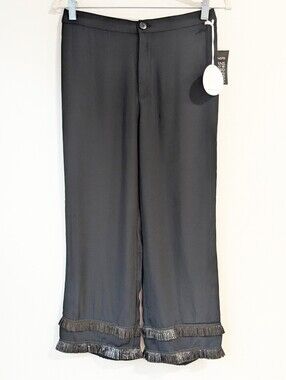 STAUD Black Wide-Leg Layered Fringe Trim Pant